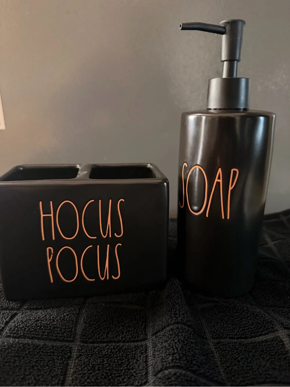 Rae Dunn Black Ceramic 'Hocus Pocus' Soap Dispenser & Toothbrush Holder Set